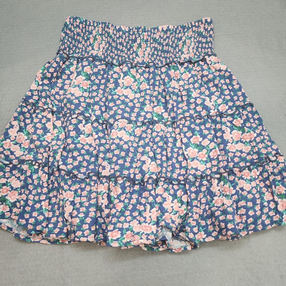 American Eagle Floral Tiered Mini‎ Skirt Navy Pink Smocked Ruffle Women Medium M